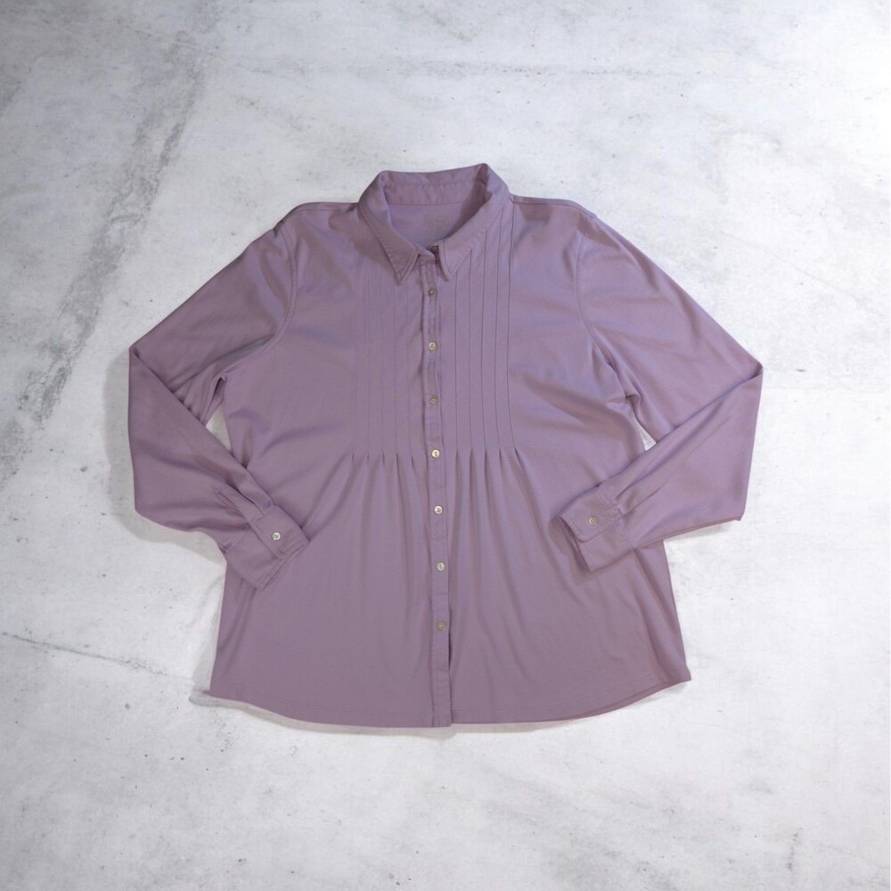 LL Bean Women's Cotton Button-Up Blouse XL Reg Lavender Lilac Purple Pleated